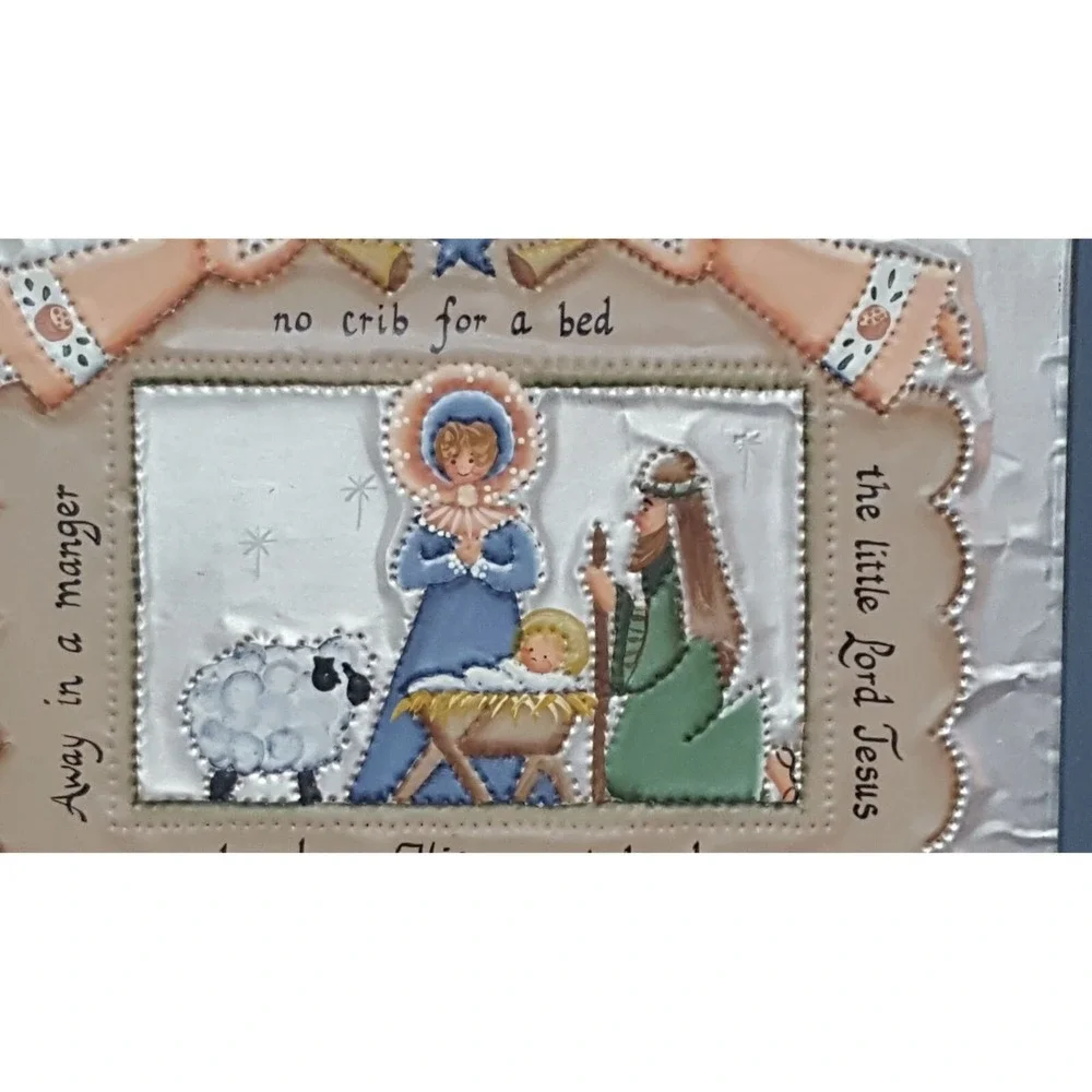 Jackie Hinderliter Nativity Folk Art Framed Embossed Metal Away In A Manger Blue